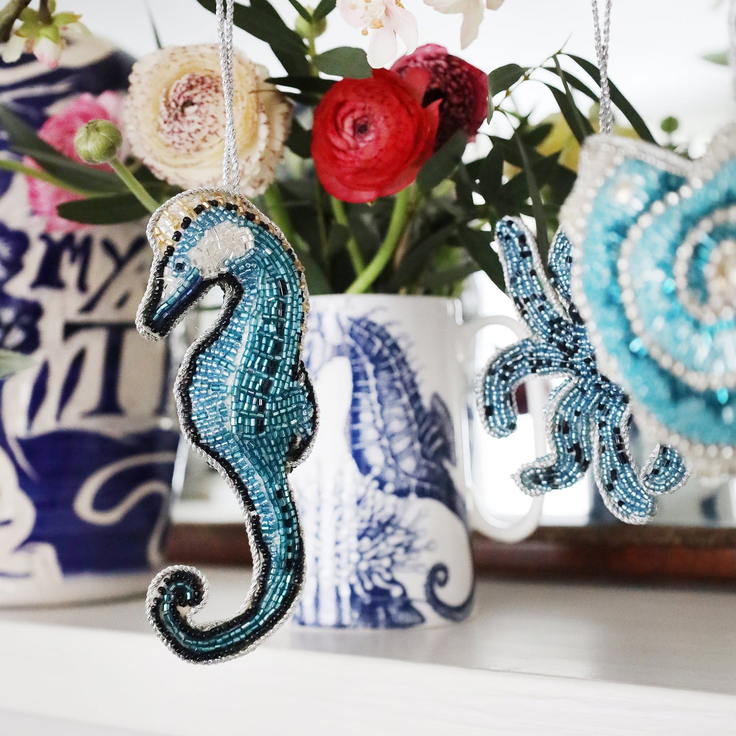 Beaded Blue Seahorse Hanging Decoration